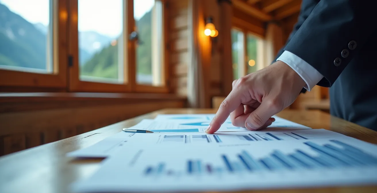 Mains d'investisseur analysant des documents immobiliers avec vue montagne