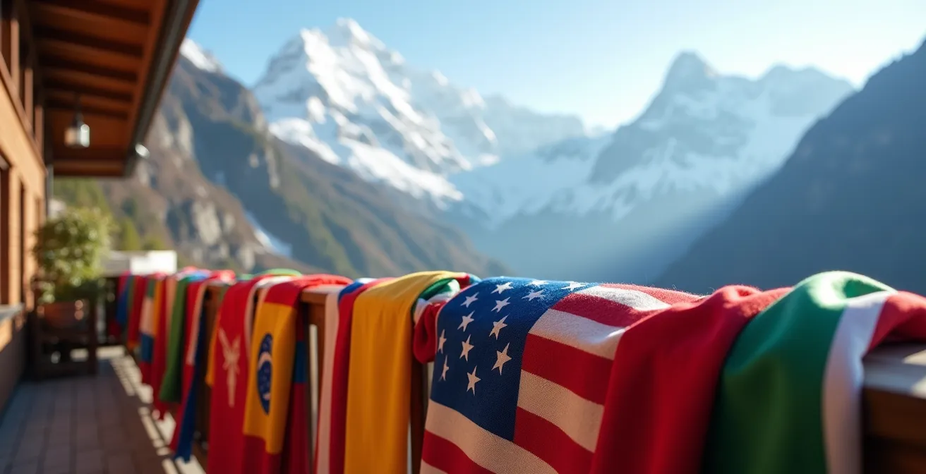 Composition symbolique de drapeaux internationaux avec montagnes alpines