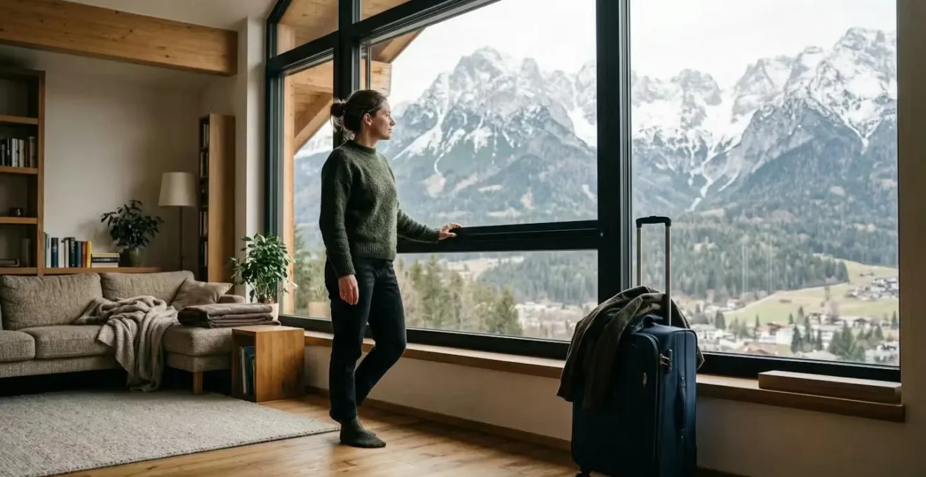 Voyageur arrivant dans un appartement meublé avec vue sur les Alpes en Haute-Savoie