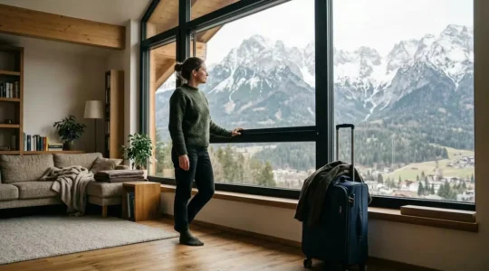 Voyageur arrivant dans un appartement meublé avec vue sur les Alpes en Haute-Savoie