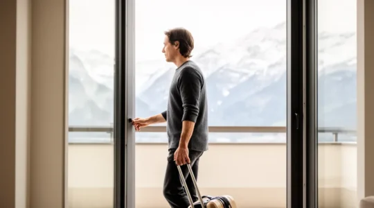 Personne arrivant avec valise dans un appart hôtel lumineux près de Genève