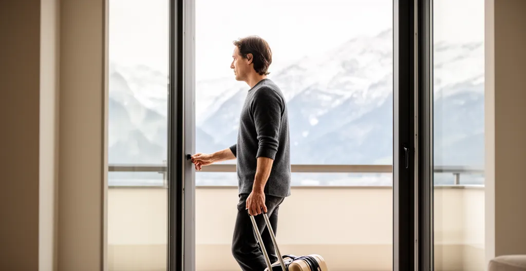 Personne arrivant avec valise dans un appart hôtel lumineux près de Genève