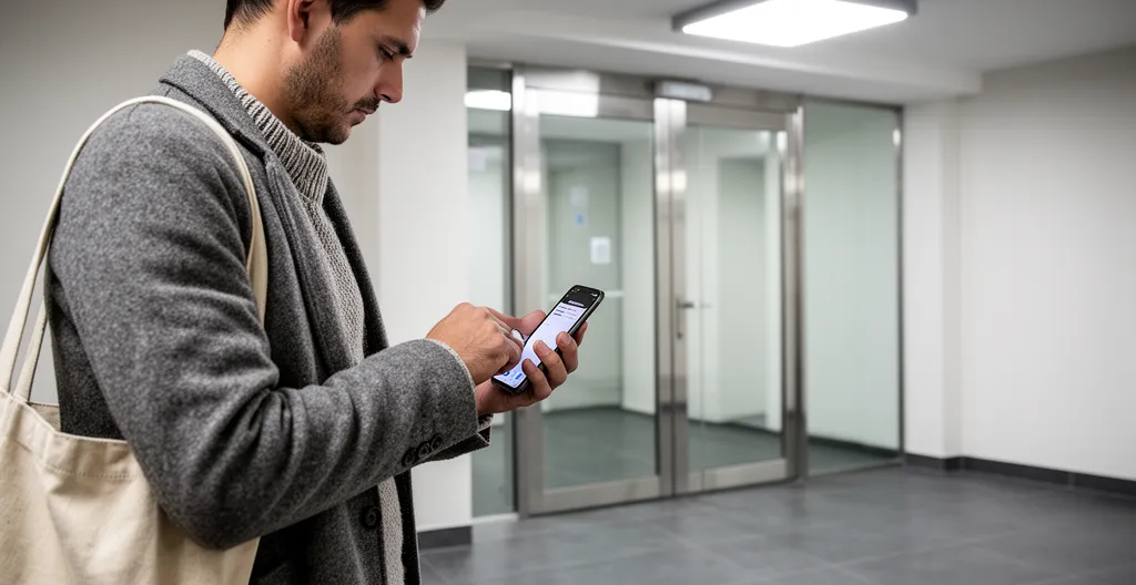 Check-in autonome via smartphone devant une entrée d'immeuble moderne