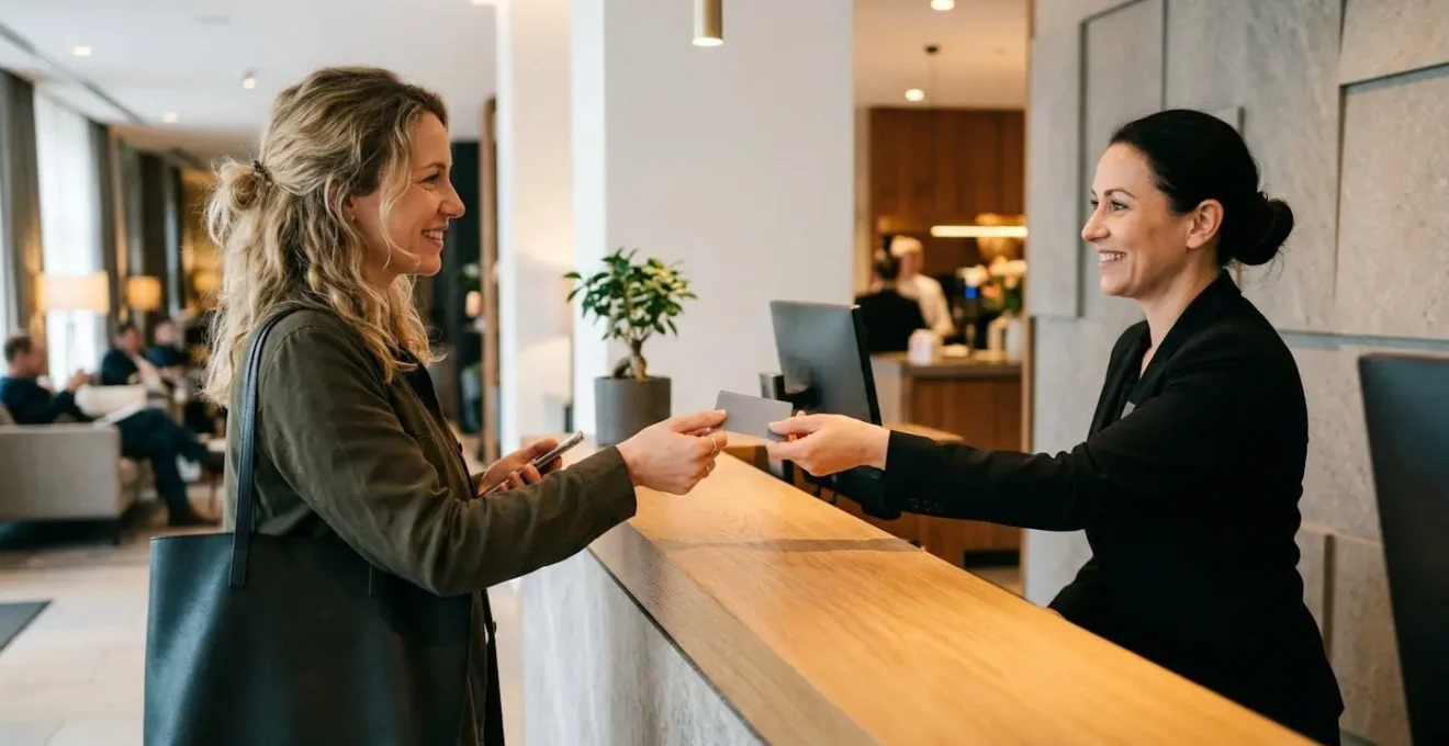 Remise de carte d'accès à la réception d'un appart-hôtel, hébergement flexible frontalier