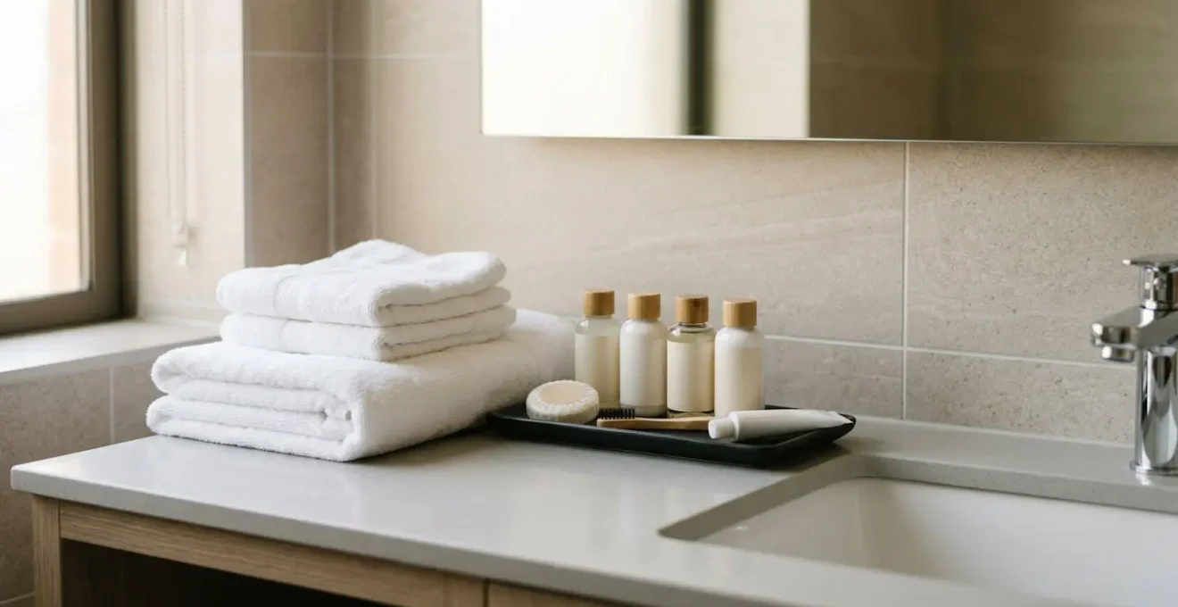 Serviettes et produits d'accueil dans salle de bain appart-hôtel services inclus