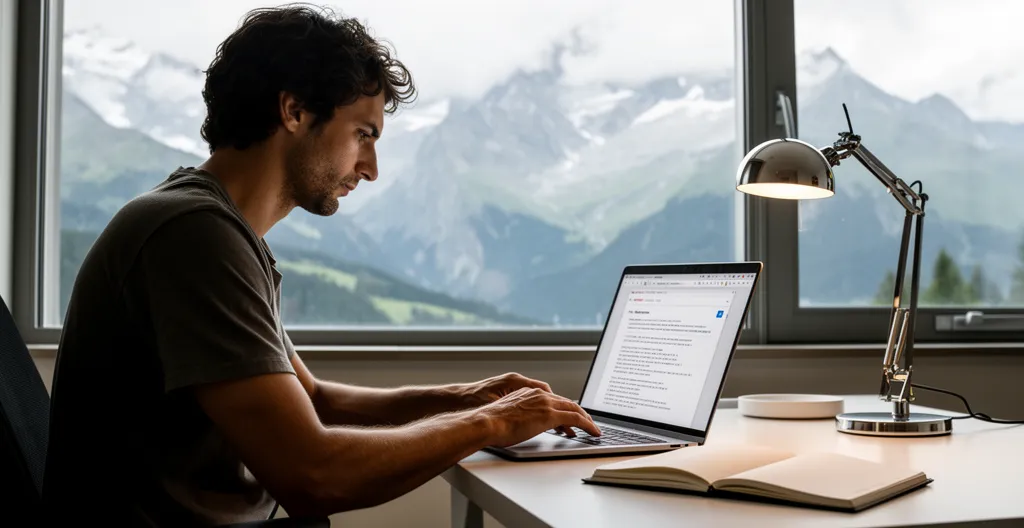 Professionnel travaillant sur ordinateur dans un appart hôtel avec vue sur les montagnes