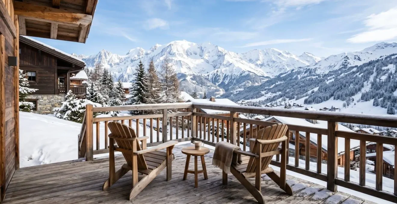 Terrasse de chalet aux Gets dégagée et bien rangée avec vue sur les pistes, deux chaises en bois et soleil hivernal