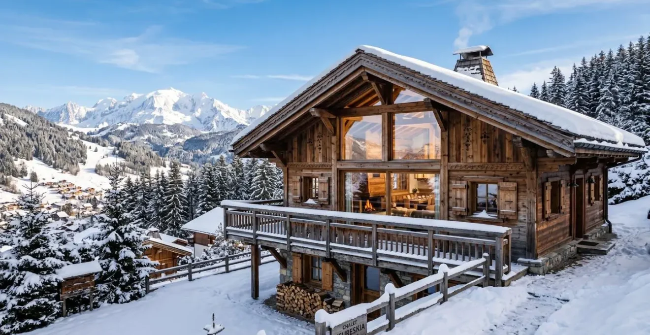 Chalet de montagne aux Gets avec façade en bois, balcon enneigé et grande baie vitrée laissant entrer la lumière naturelle