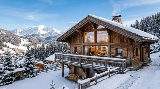 Chalet de montagne aux Gets avec façade en bois, balcon enneigé et grande baie vitrée laissant entrer la lumière naturelle
