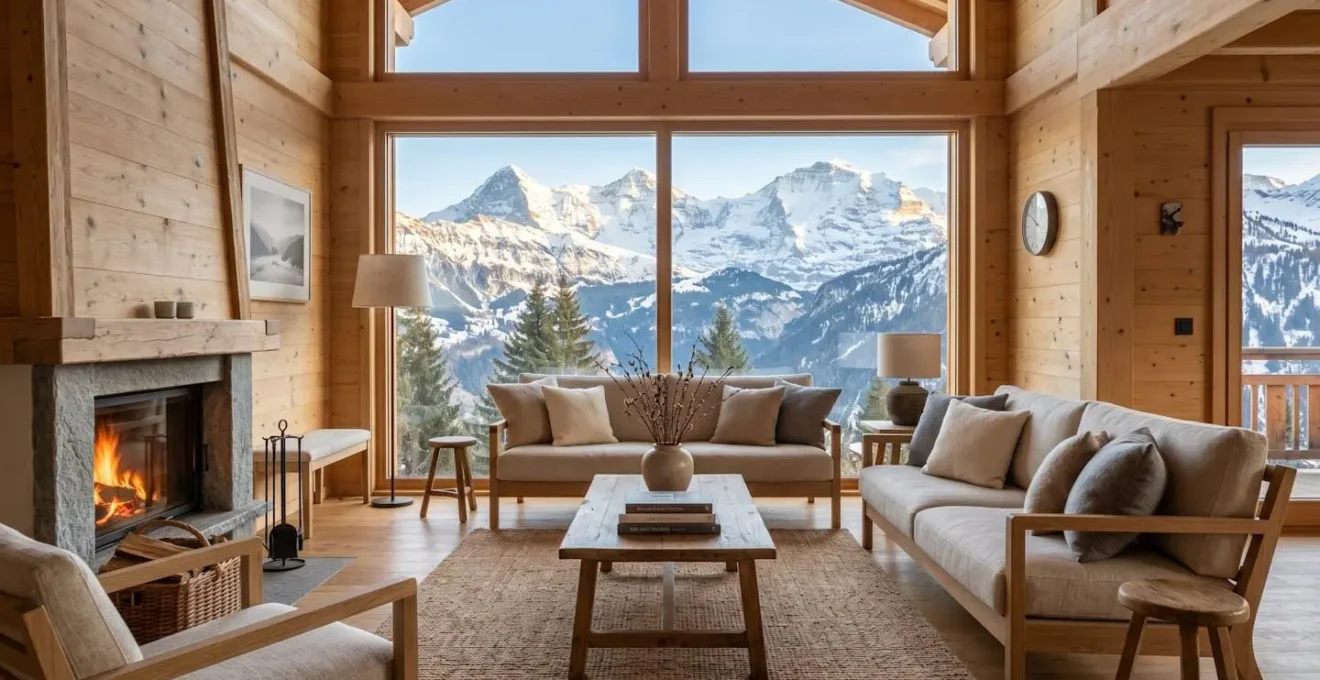 Salon de chalet avec décoration épurée, meubles en bois naturel, coussin en laine et lumière d'après-midi traversant une grande fenêtre alpine